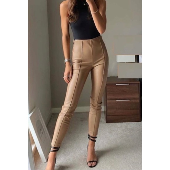 Zara Pants - ZARA • Tan Faux Leather High-Waisted Leggings